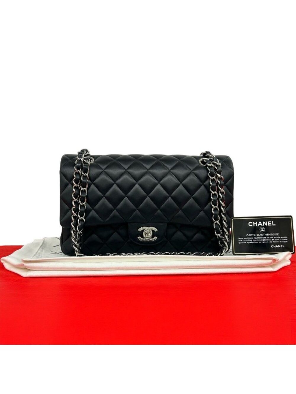 Chanel Quilted Double Flap CC Logo Lambskin Chain Shoulder Bag Black